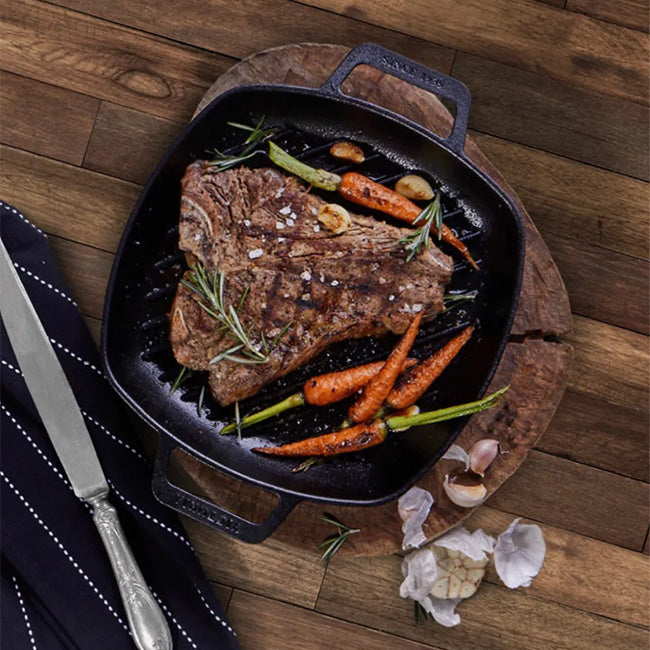 Victoria Enamelled Cast Iron Square Grill Pan With 2 Helper Handles, 26cm