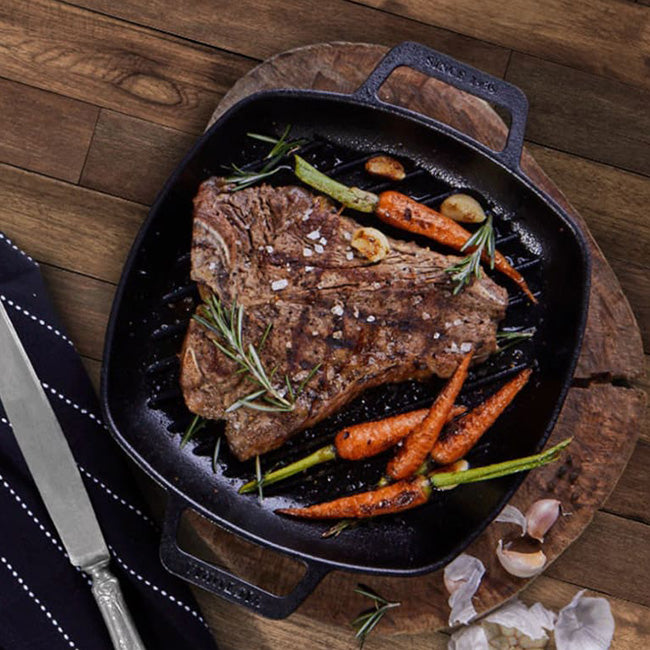Victoria Enamelled Cast Iron Square Grill Pan with Helper Handles, 26cm