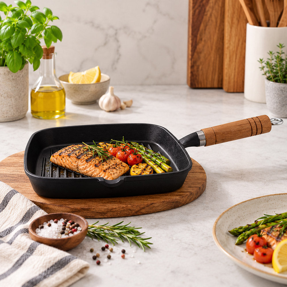 Regent Cast Iron Ribbed Frying Skillet, 22cm
