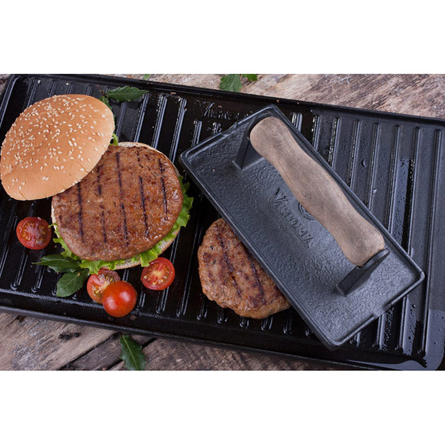 Victoria Seasoned Cast Iron Rectangular Reversible Griddle, 32cm