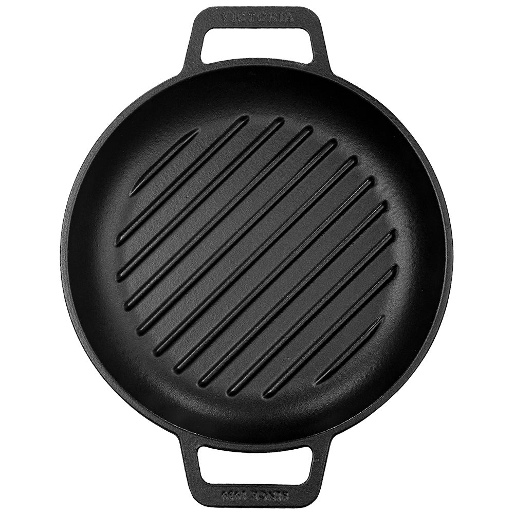 Victoria Seasoned Round Grill Cast Iron Skillet, 26cm