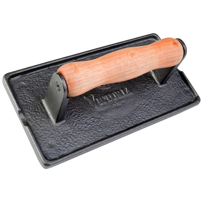Victoria Enamelled Cast Iron Bacon & Meat Press With Wooden Handle
