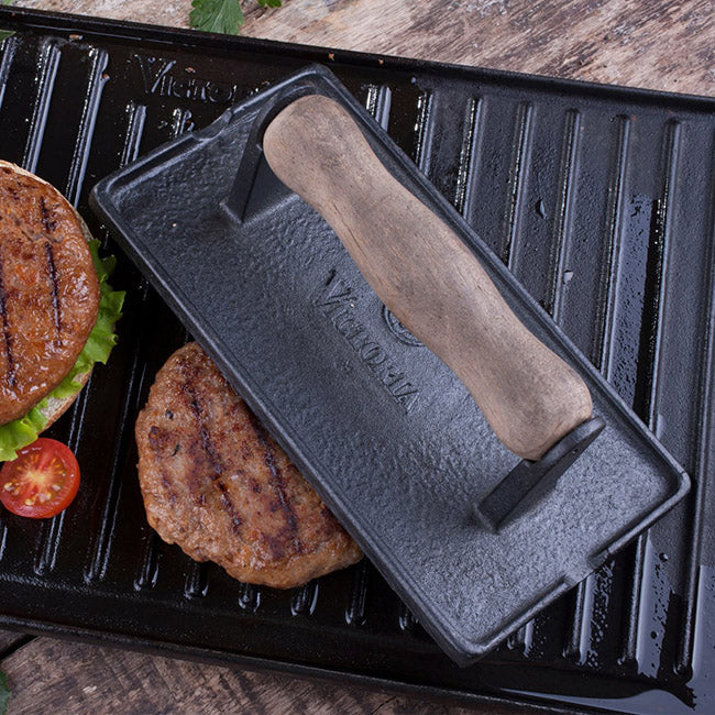 Victoria Enamelled Cast Iron Bacon & Meat Press With Wooden Handle