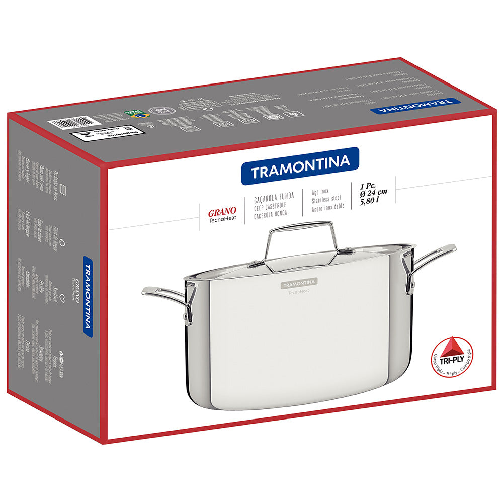 Tramontina Grano Stainless Steel Deep Casserole Pot with Lid