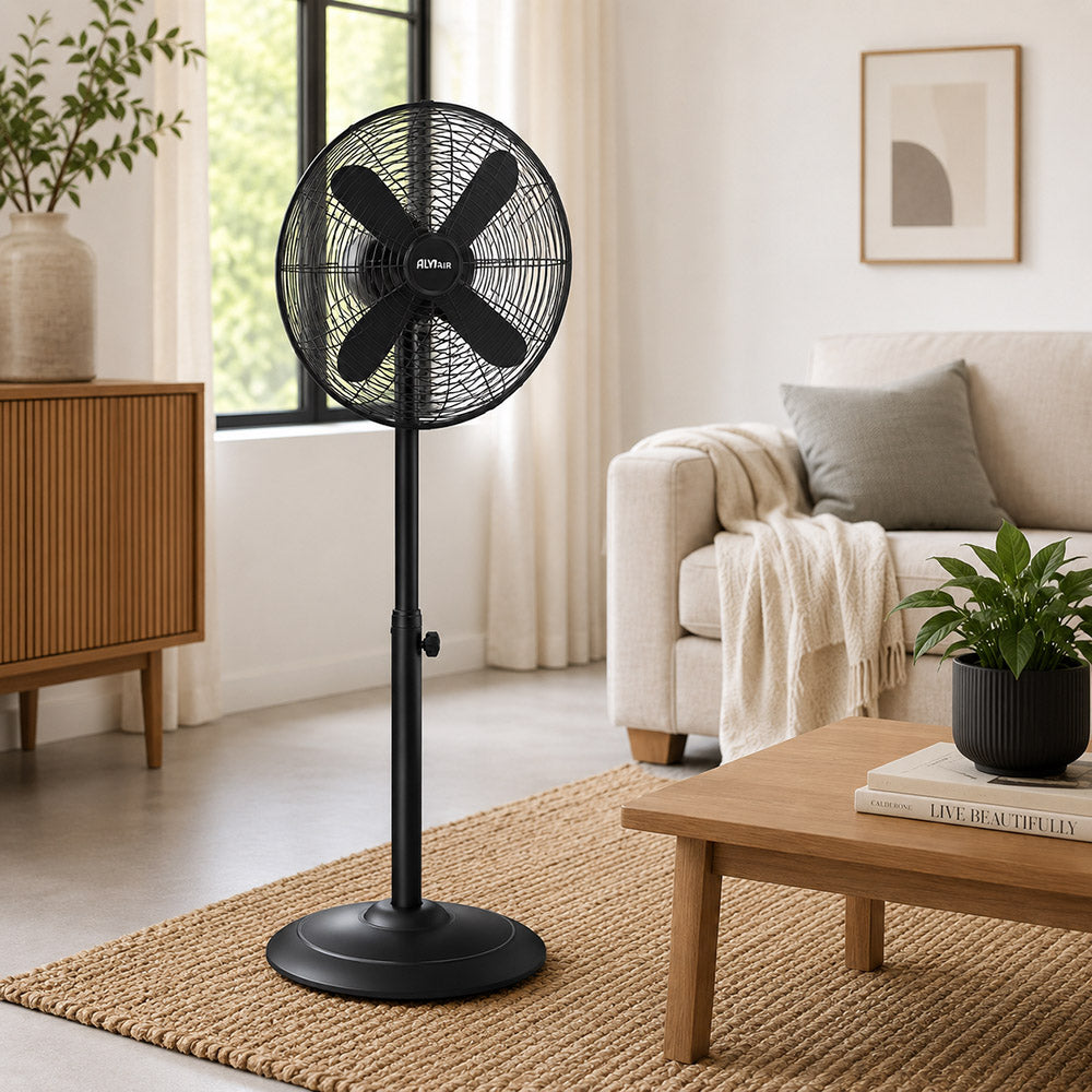 Alva 40cm Telescopic Matte Black Metal Standing Fan