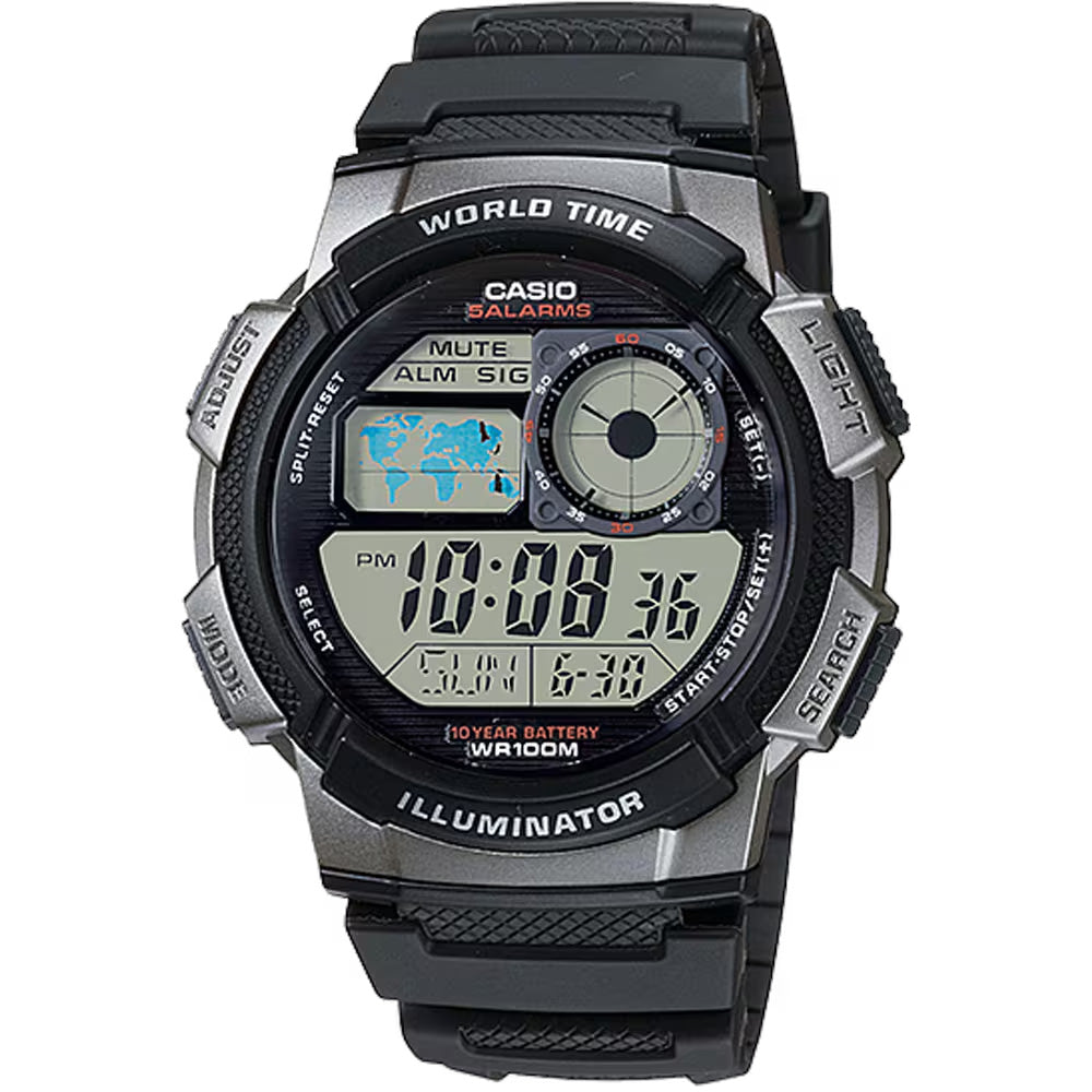 Casio Standard World Time 100m Mens Digital Wrist Watch, AE-1000W