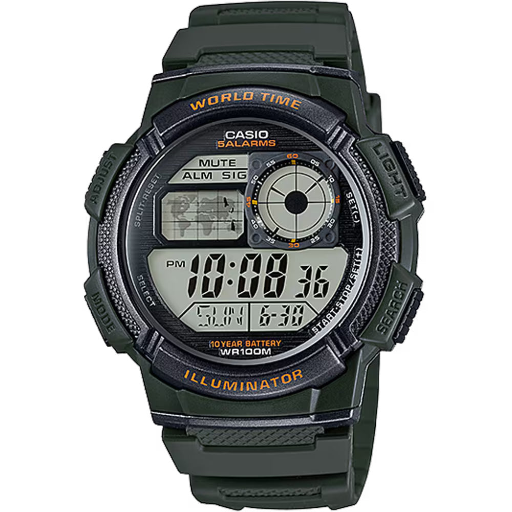 Casio Standard World Time 100m Mens Digital Wrist Watch, AE-1000W
