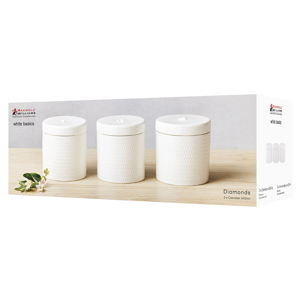 Eetrite White Basics Diamonds Set Of 3 Canisters, 600ml