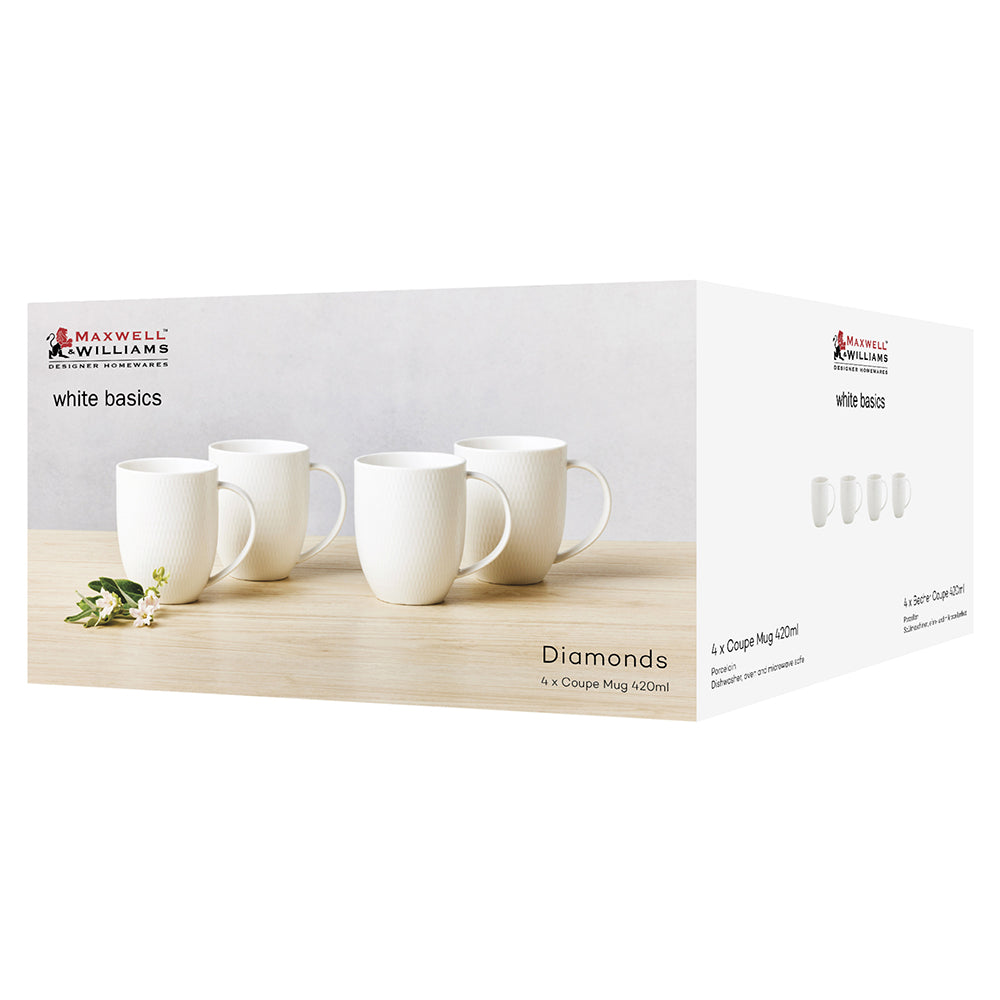 Maxwell & Williams White Basics Diamonds Coupe Mugs, Set Of 4