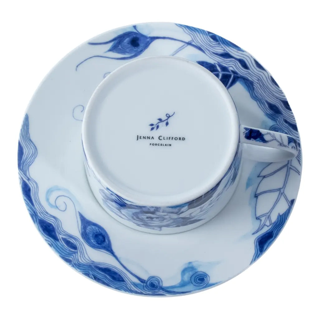 Jenna Clifford Peacock Sapphire Garden Cups & Saucers, Set of 4