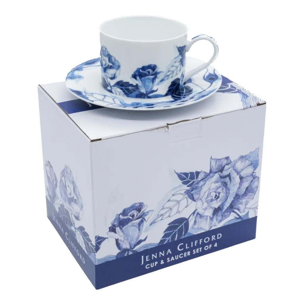 Jenna Clifford Peacock Sapphire Garden Cups & Saucers, Set of 4