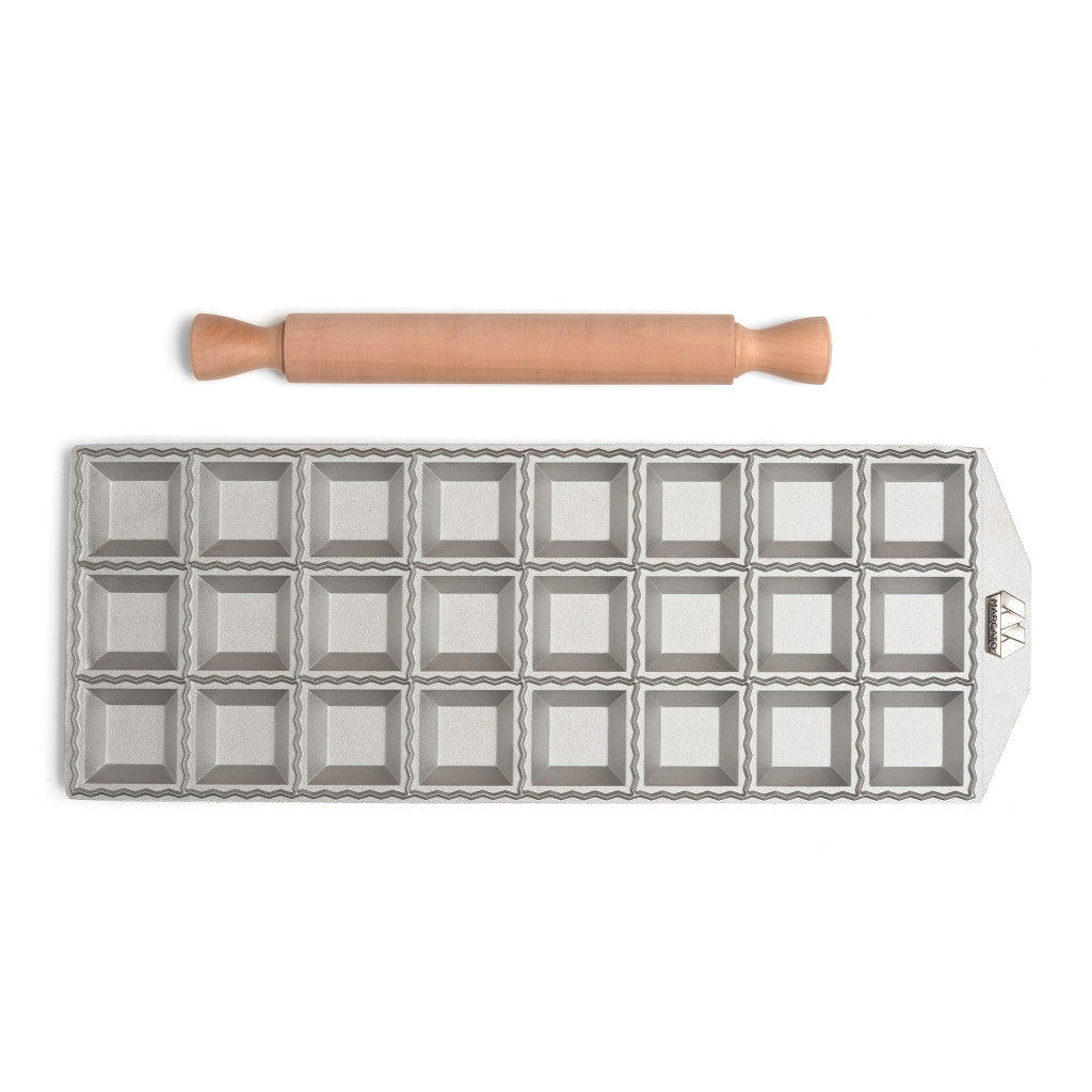 Marcato Classic Square 24 Hole Ravioli Mould with Wooden Rolling Pin