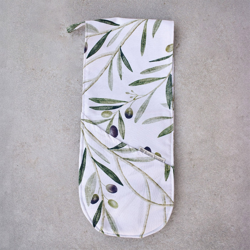 DSA Linen Robyn Valerie Olive Branch White Double Oven Glove