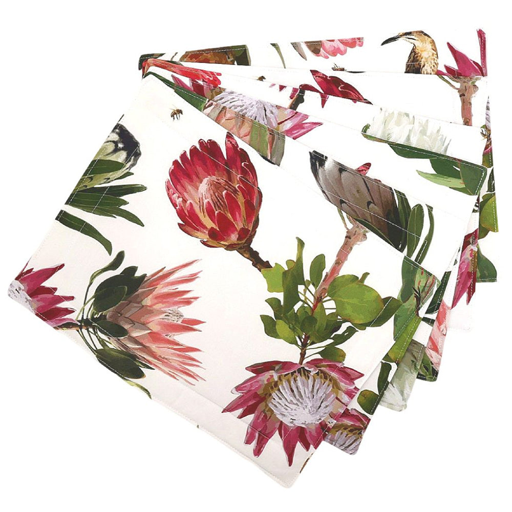 DSA Linen Cape Sugarbird Protea White Placemats, Set Of 6