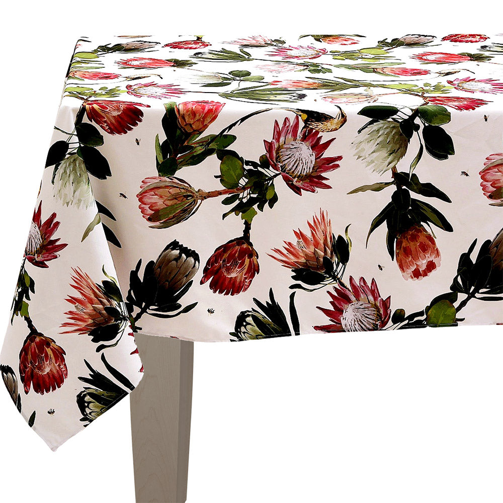 DSA Linen Cape Sugarbird Protea White Rectangular Tablecloth