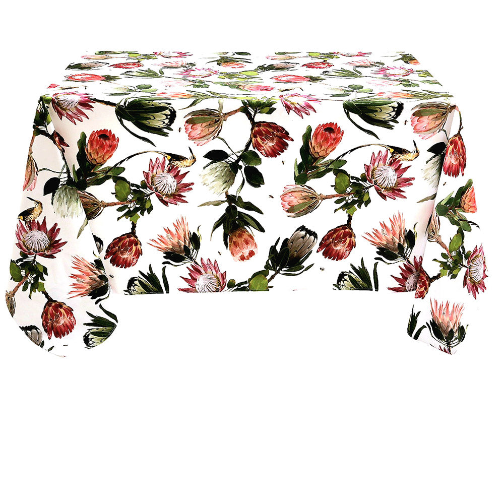 DSA Linen Cape Sugarbird Protea White Square Tablecloth, 180cm