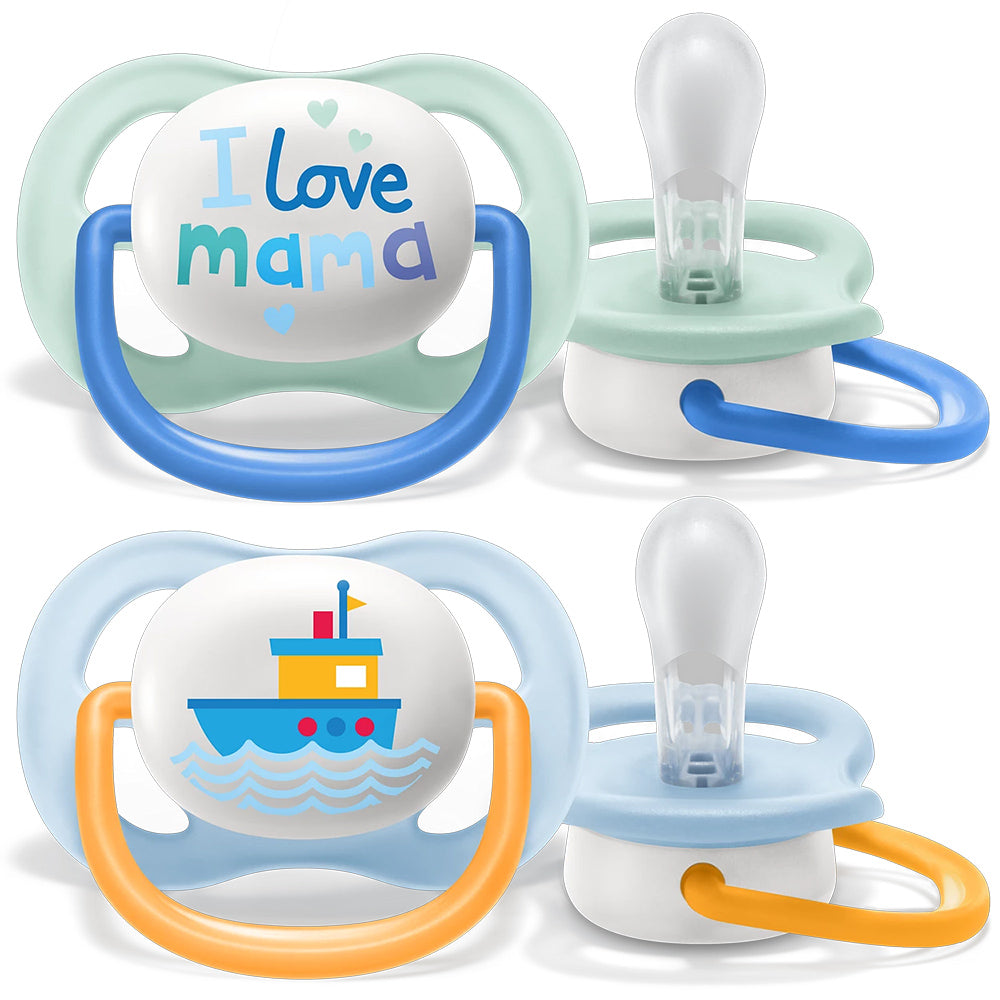 Avent Set Of 2 Ultra Air Pacifiers, I Love Mama & Boat (0-6m)
