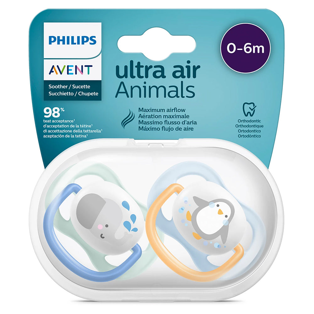 Avent Set Of 2 Ultra Air Pacifiers, Elephant & Penguin (0-6m)