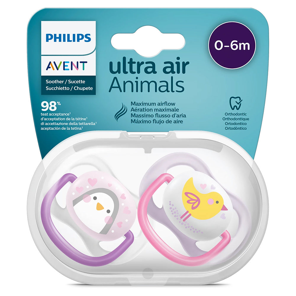 Avent Set Of 2 Ultra Air Pacifiers, Bird & Penguin (0-6m)