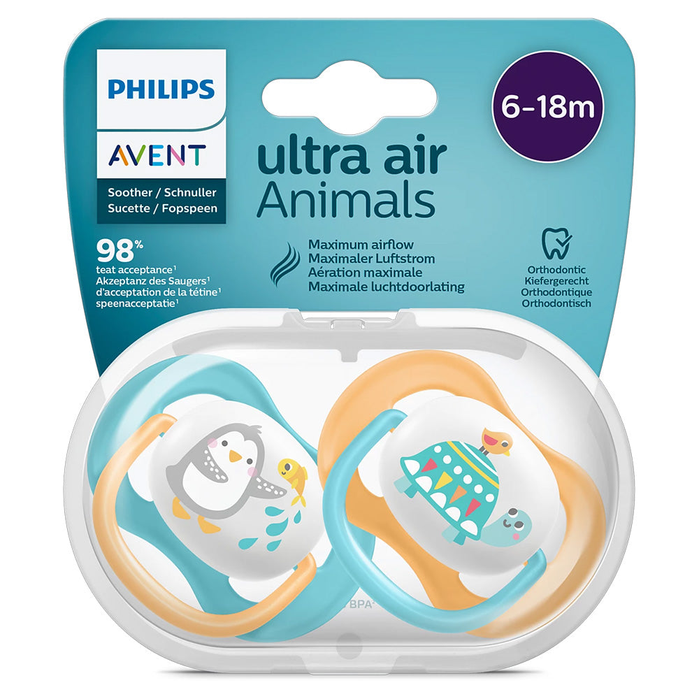 Avent Set Of 2 Ultra Air Pacifiers, Penguin & Turtle (6-18m)