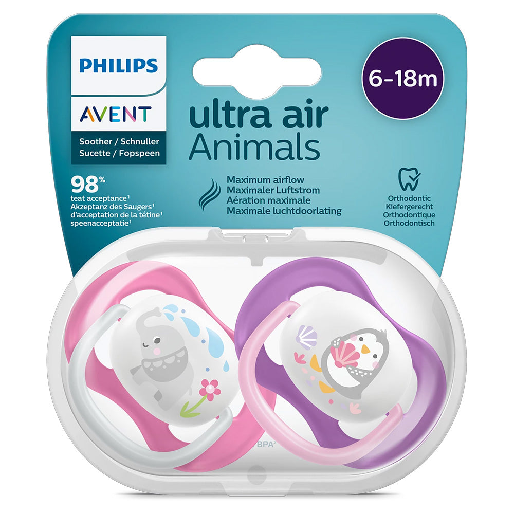 Avent Set Of 2 Ultra Air Pacifiers, Penguin & Elephant (6-18m)