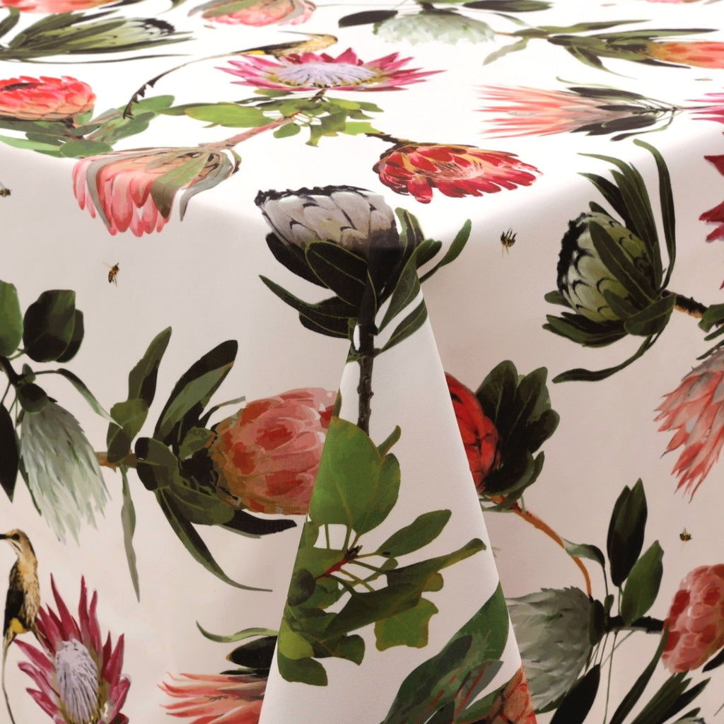 DSA Linen Cape Sugarbird Protea White Round Tablecloth, 180cm
