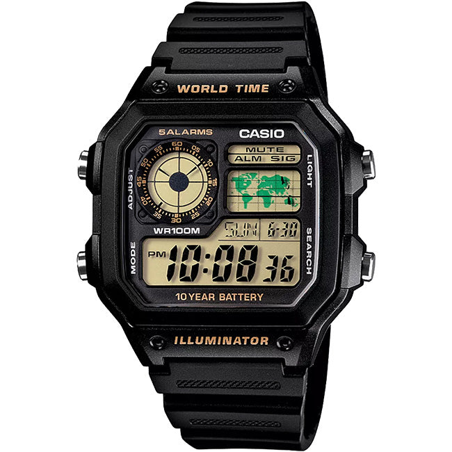 Casio Standard Men's 100m World Time Digital Wrist Watch, AE-1200WH