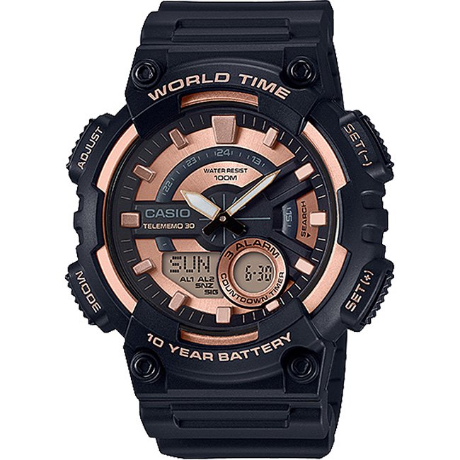 Casio Standard Men's 100m World Time AnaDigi Wrist Watch, AEQ-110W - Black