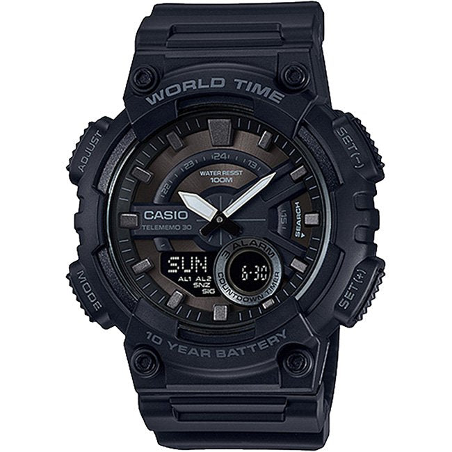 Casio Standard Men's 100m World Time AnaDigi Wrist Watch, AEQ-110W - Black