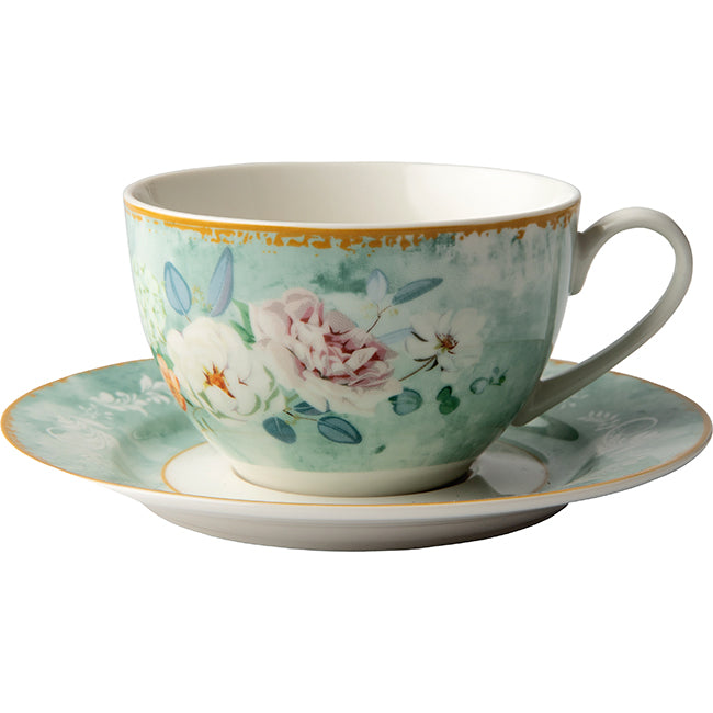Jenna Clifford Green Floral Cup & Saucer, Set Of 4
