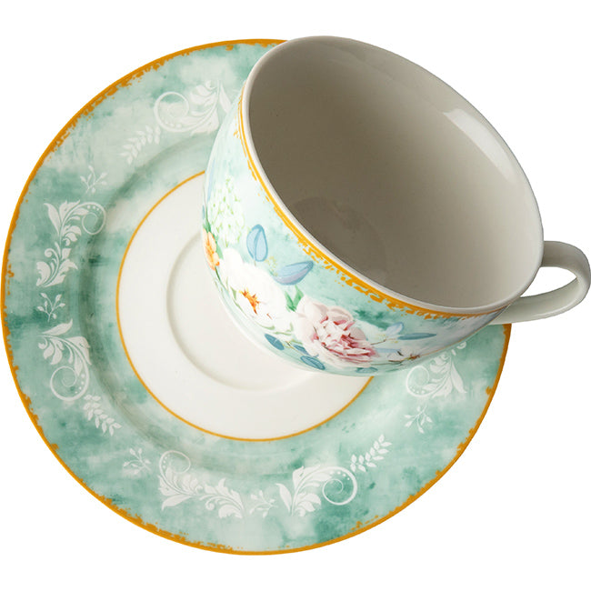 Jenna Clifford Green Floral Cup & Saucer, Set Of 4
