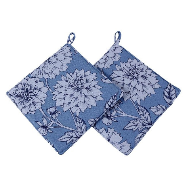 DSA Linen Robyn Valerie Blue Dahlia Pot Holders, Set Of 2