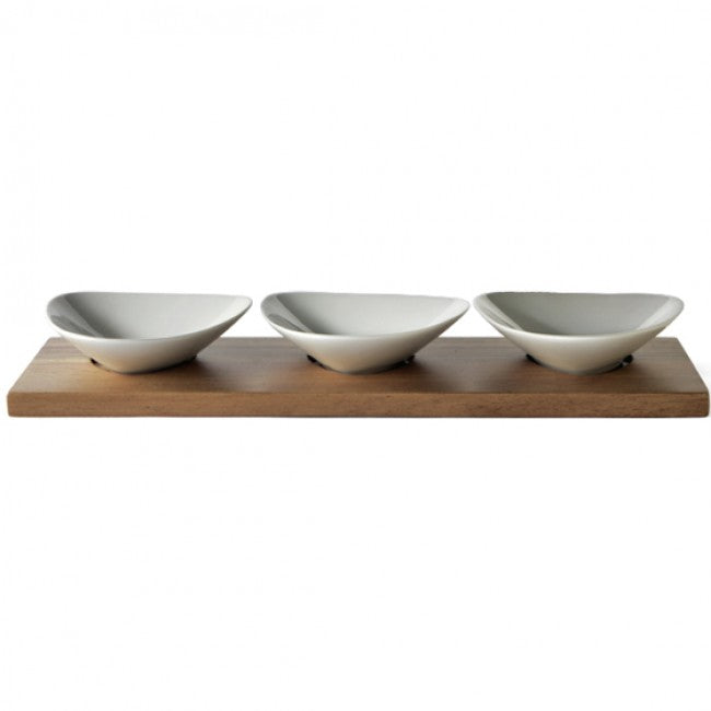 Eetrite Just White 3 Mini Dishes On Acacia Serving Tray